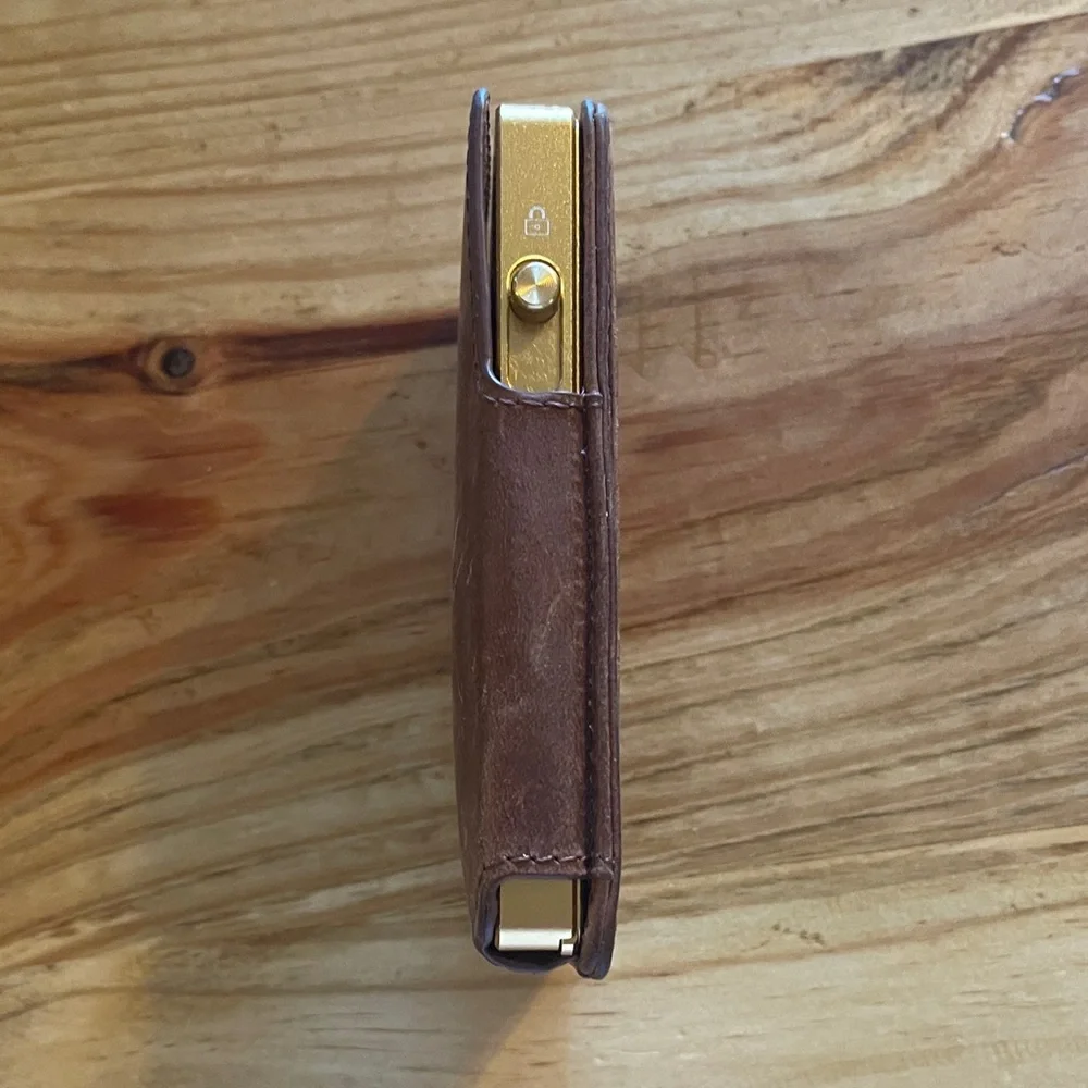 Spring Loaded Leather Money Clip Card Wallet in Brown and Gold